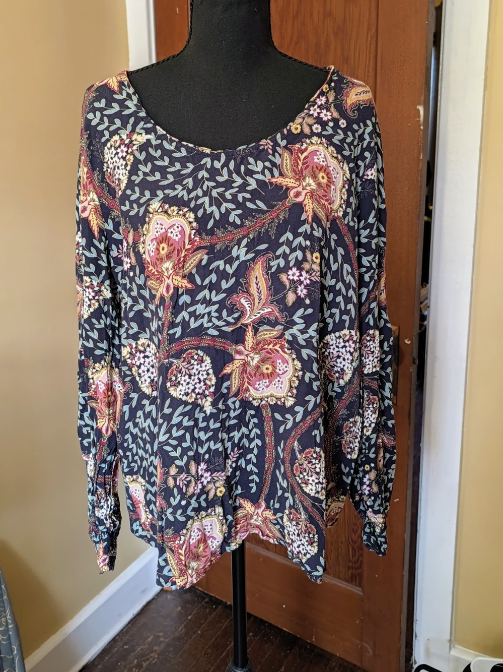 LOFT Navy Floral Paisley Long-Sleeve Blouse
